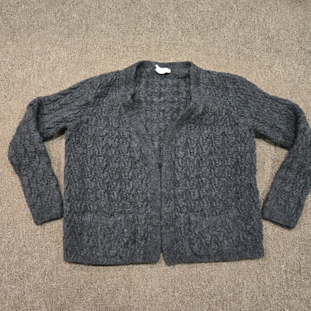 Jess Brown‎ Cardigan Womens Size M Charcoal Gray Alpaca Open Front Knit Pockets